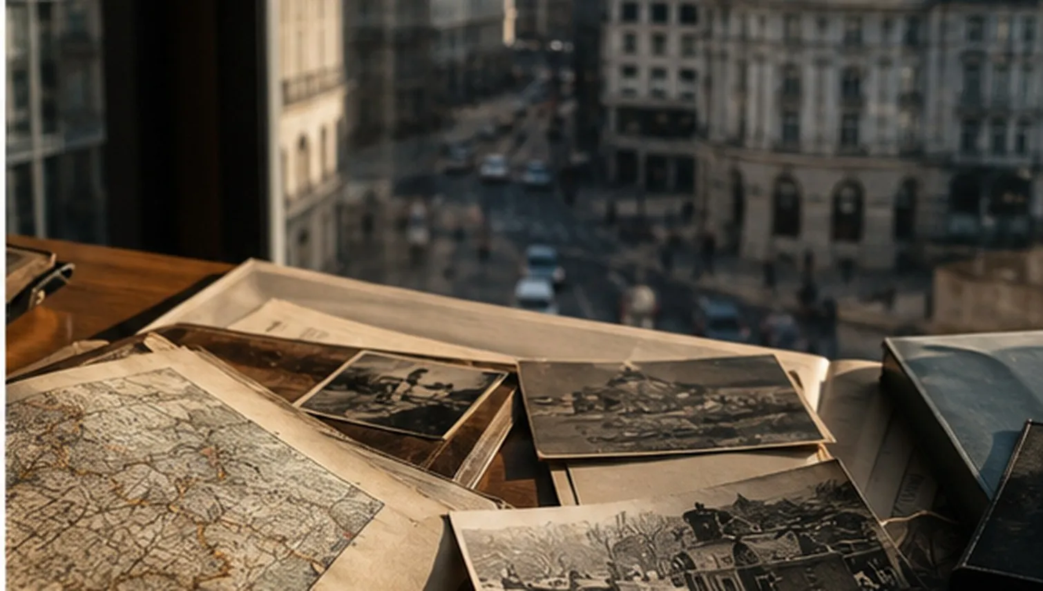 Старі карти та архівні фотографії на столі